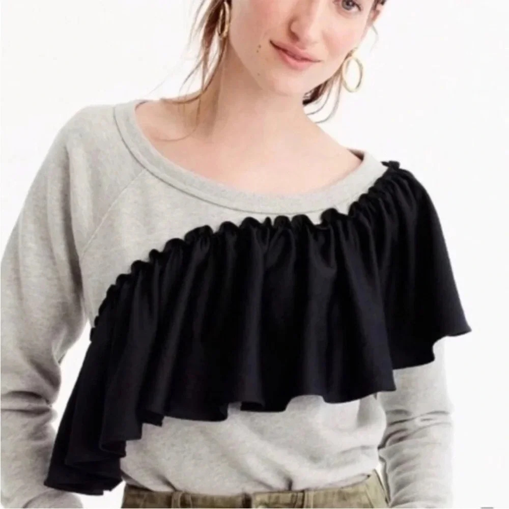 J.Crew asymmetrical ruffle pullover sweatshirt grey and black size: Small - Picture 7 of 8